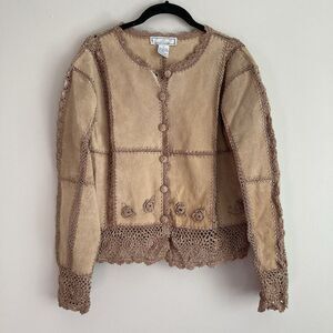 Vtg Leather Suede Jacket Womens Sz S Crochet Patchwork Button Tan Boho Cowgirl